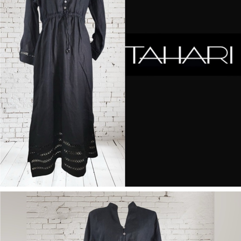 Tahari 100% Linen Elegant Black Midi Dress with Drawstring Empire Waist - Picture 8 of 8